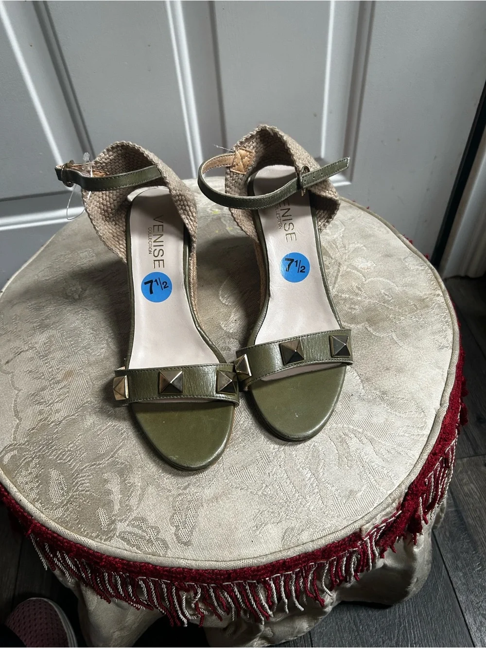 Venise Collection Olive Green Espadrille Wedge Sandals with Ankle Strap Sz 38